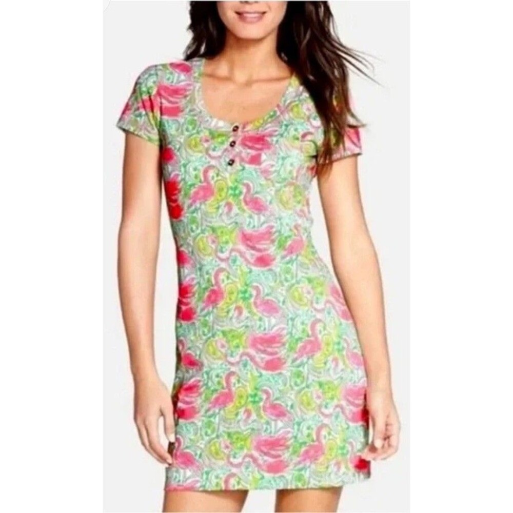 Lilly Pulitzer Small Britton Button Henley Dress Hot Wings Flamingo Print